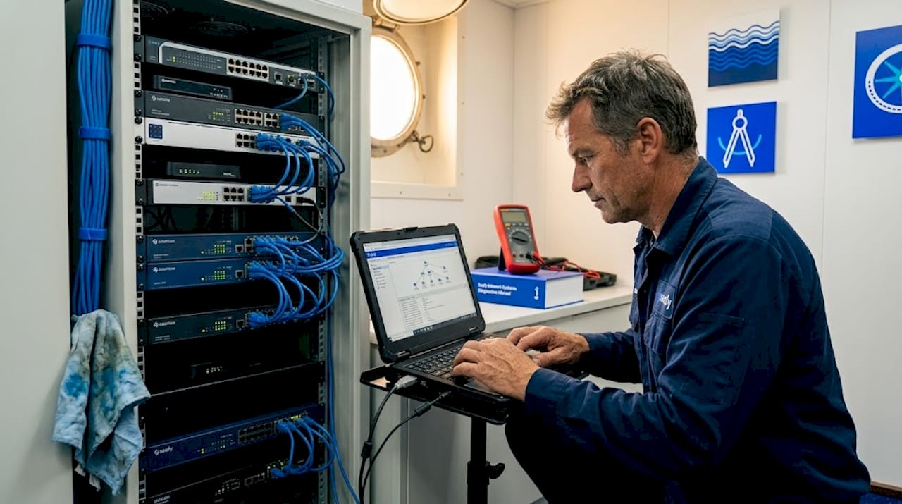 Technician checking ship wifi equipment rack