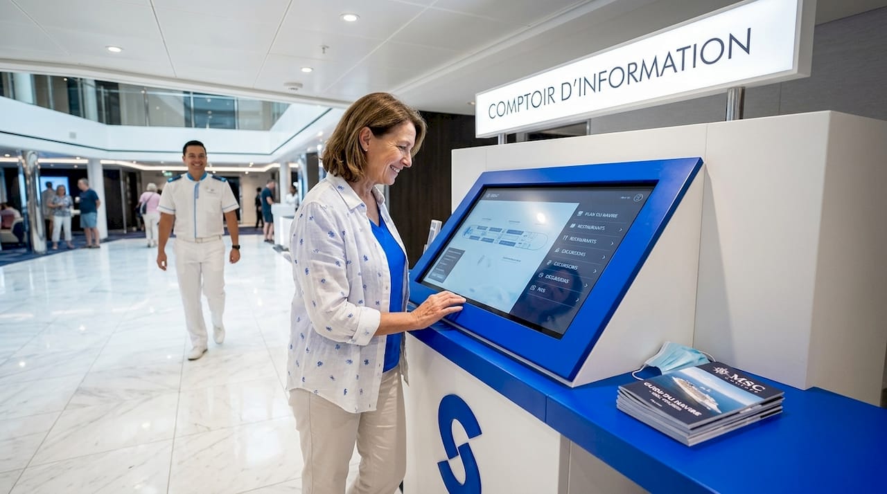 Un passager consulte la borne d’information interactive à bord du MSC.