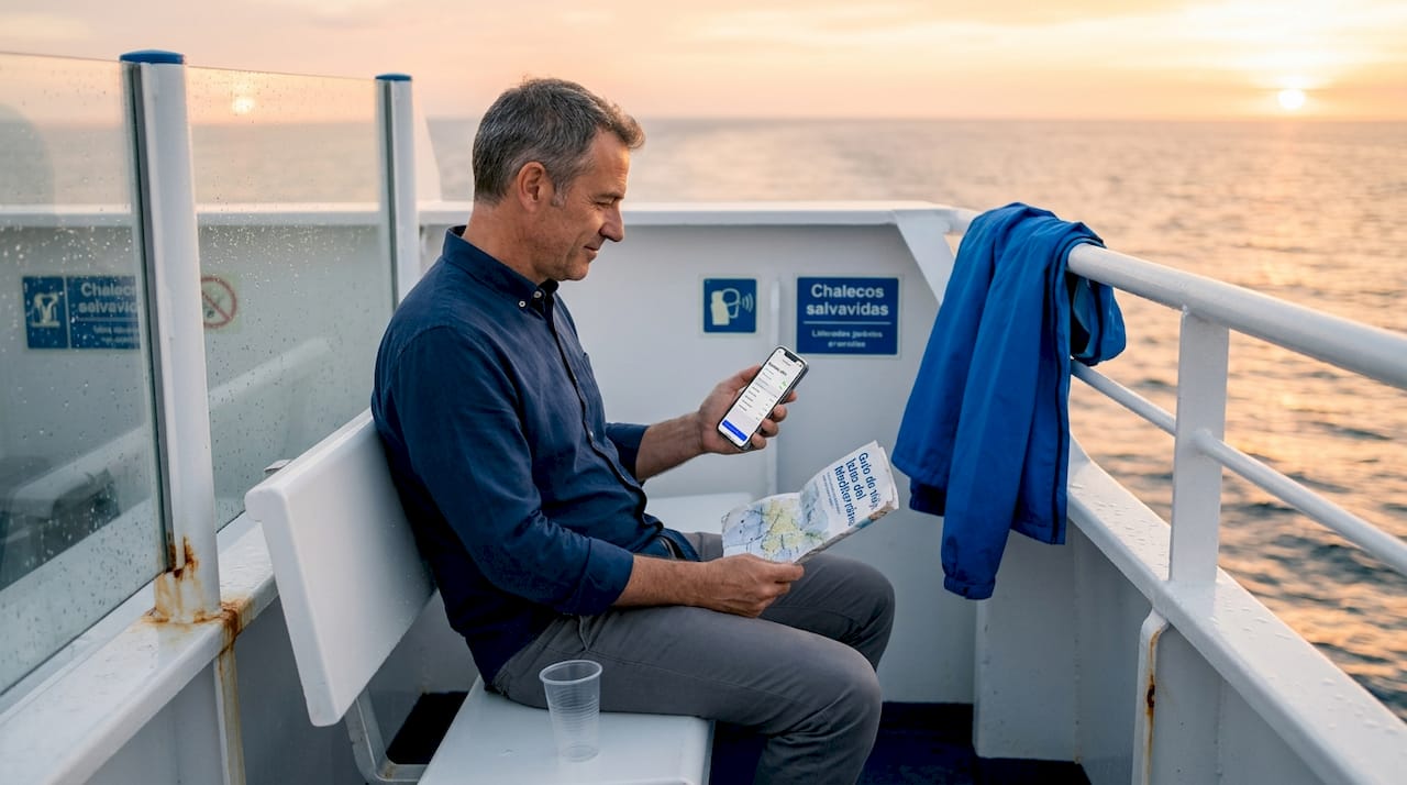 Un viajero comprueba la señal de WiFi mientras disfruta del trayecto en la cubierta del ferry.