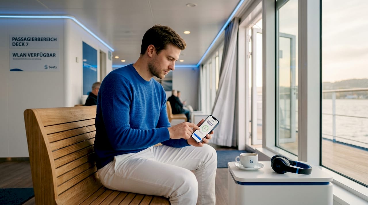 Ein Mann schaltet an Bord eines Schiffs seine VPN-App ein.