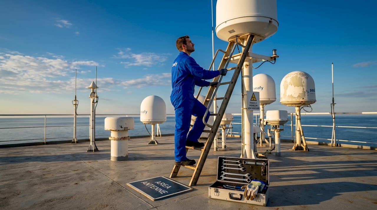 Tecnico al lavoro per la verifica delle antenne satellitari a bordo della nave