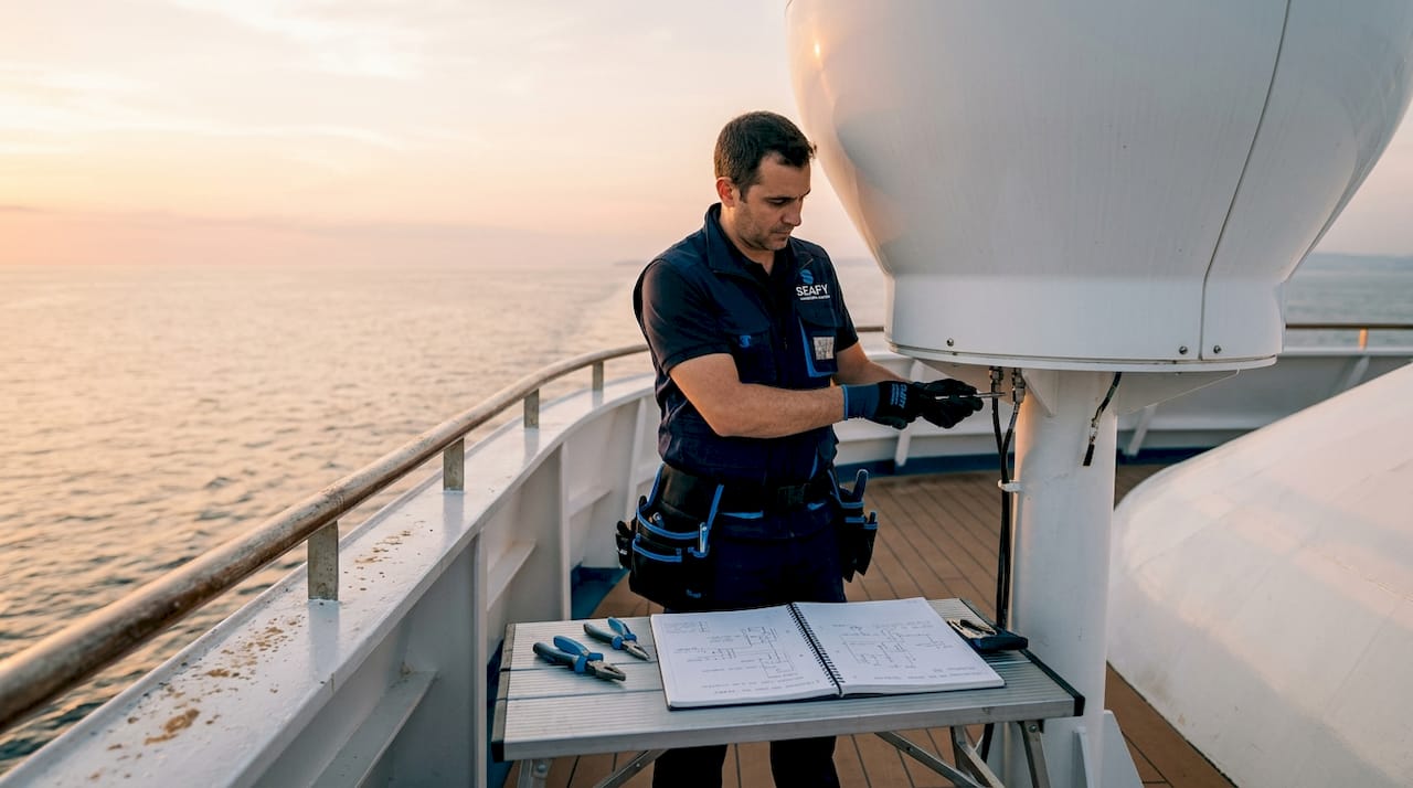 Técnico revisando la antena satelital en la cubierta de un crucero