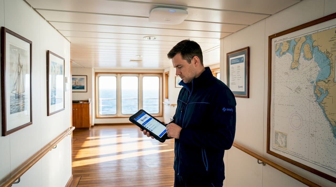 Crew member checking Wi-Fi on ship corridor