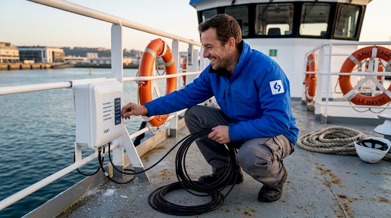 Un technicien vérifie le bon fonctionnement d’un routeur Wi-Fi par satellite.