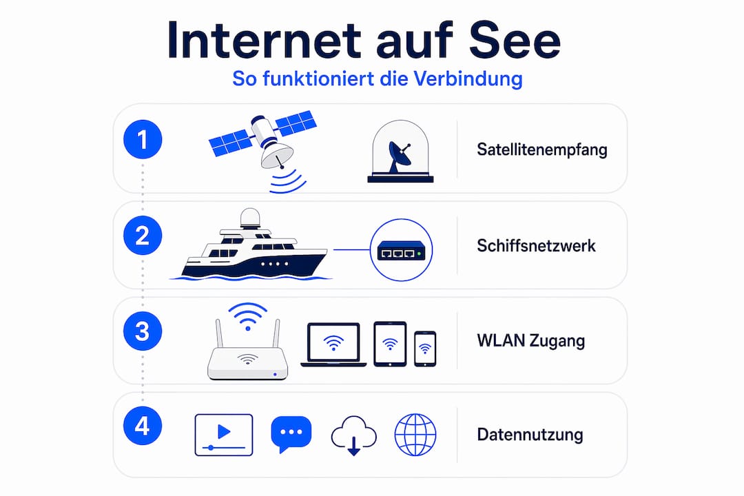 Schritt-für-Schritt-Anleitung: So kommt das Internet aufs Schiff – eine Infografik