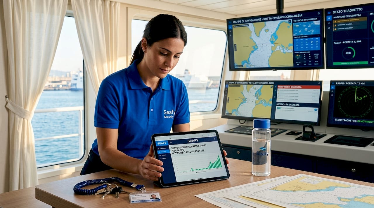 Un addetto verifica la sicurezza della rete Wi-Fi a bordo della nave tramite tablet.