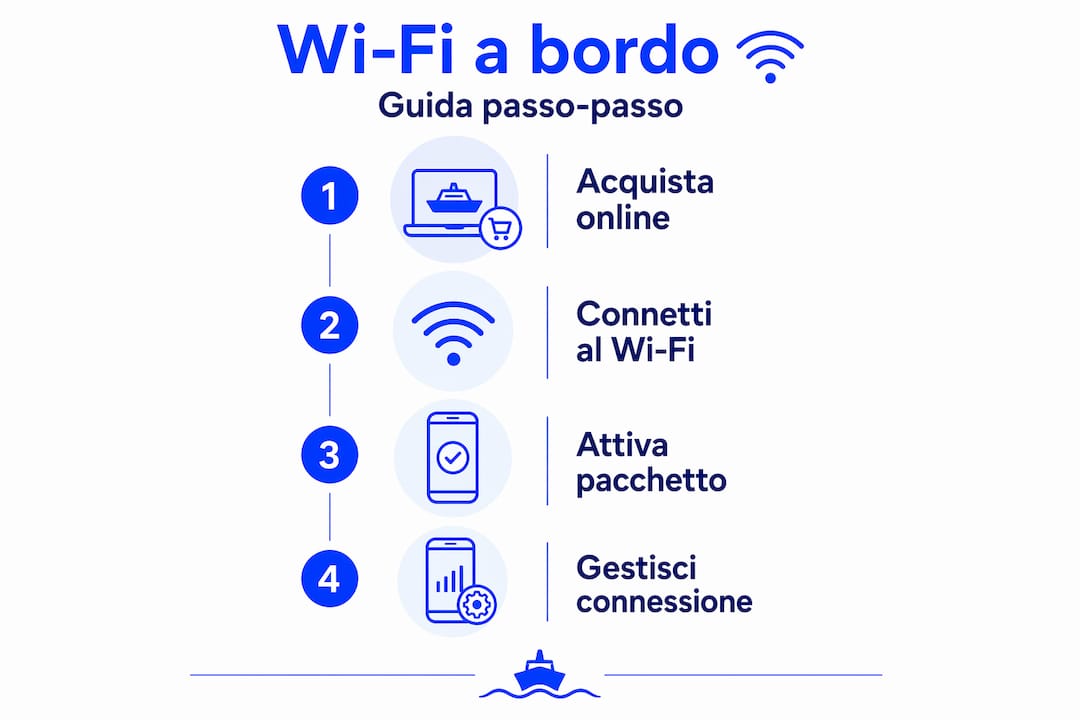 Guida illustrata ai passaggi per connettersi al Wi-Fi a bordo del traghetto