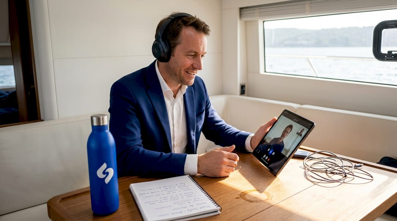 Un télétravailleur en visioconférence depuis une cabine de ferry.