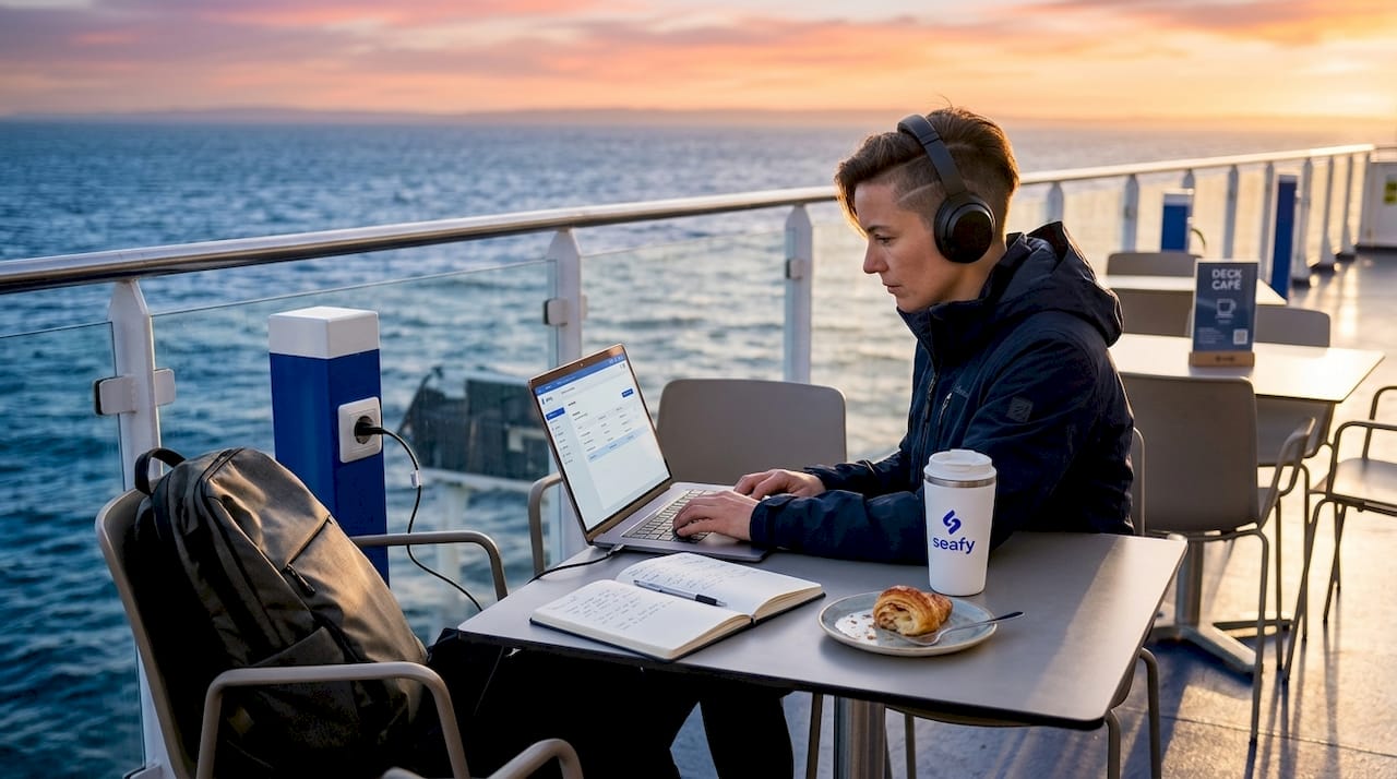 Solo traveler working on ferry with laptop