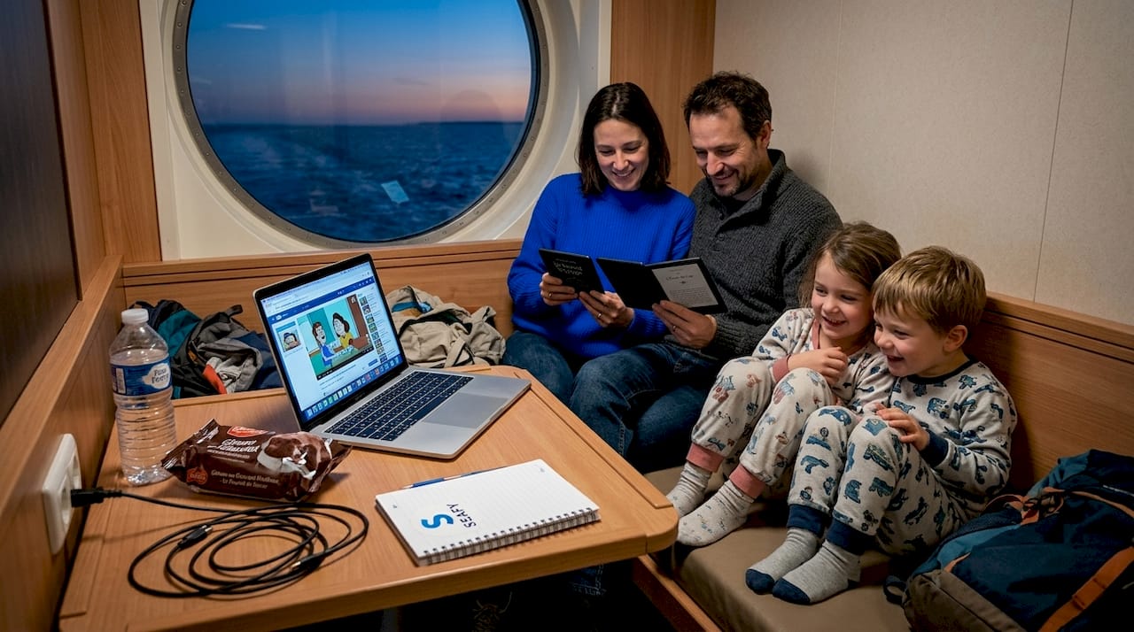 Une famille profite d’un moment de détente dans une cabine confortable de ferry, chacun absorbé sur sa tablette ou son smartphone grâce au Wi-Fi à bord.