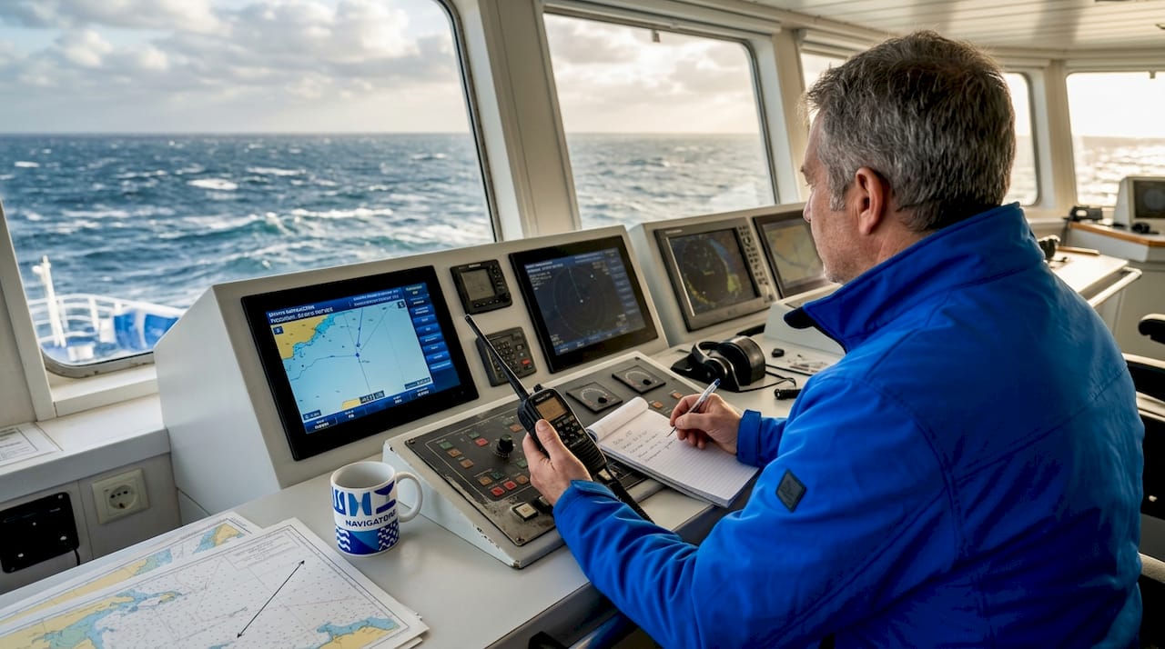 L’ufficiale coordina le operazioni sul ponte di comando utilizzando gli strumenti di comunicazione di bordo.