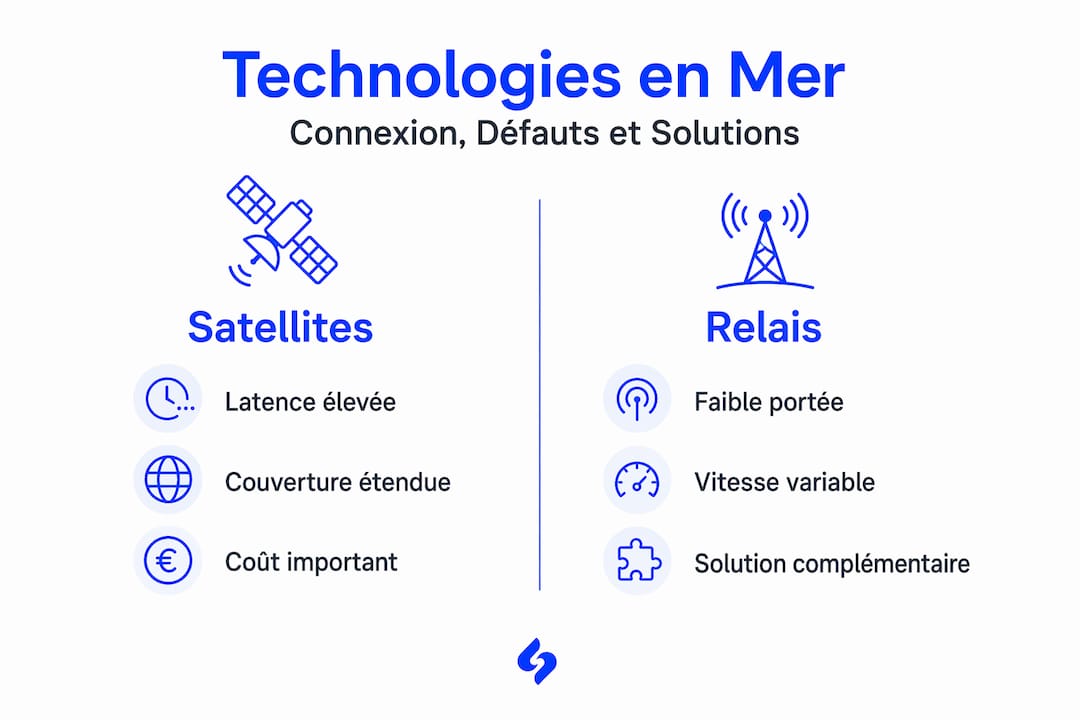Infographie : comparatif des solutions de connectivité pour bateaux – satellite ou relais terrestre ?
