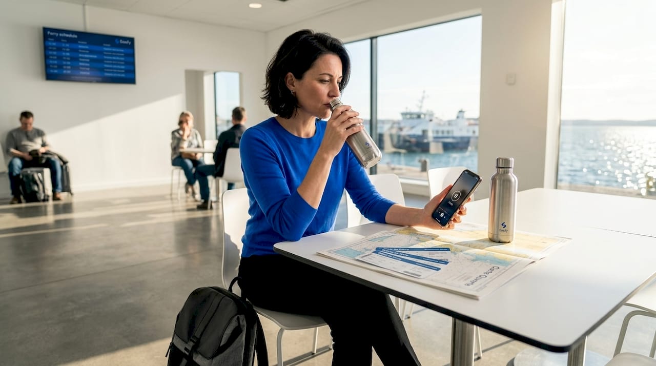 Un passager profite du wifi à bord pour naviguer sur son smartphone.