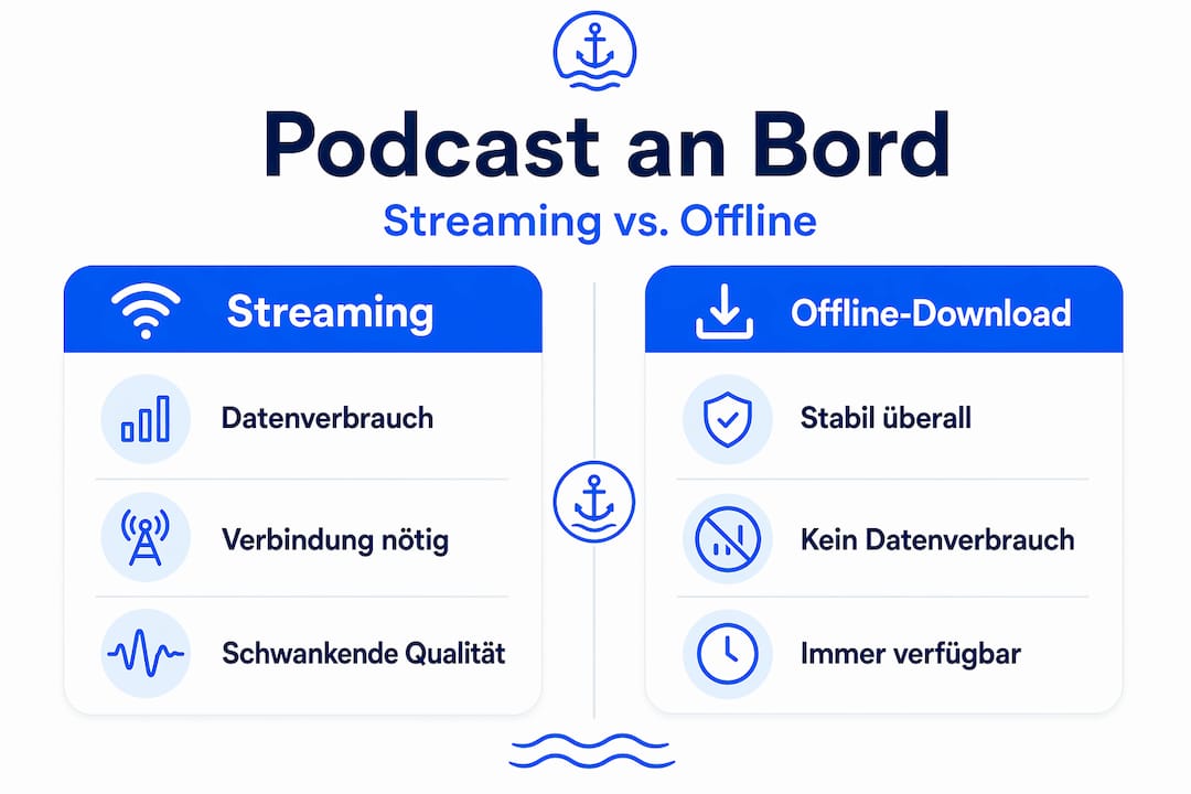Grafik: Podcast-Streaming vs. Offline-Hören auf Schiffen – Vor- und Nachteile im Vergleich