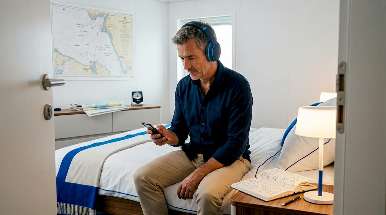 In seiner Kabine an Bord hört ein Mann entspannt einen Podcast – ganz ohne Internetverbindung.