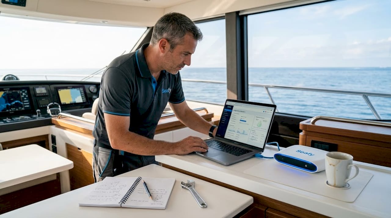 Especialista comprobando la seguridad de la red Wi-Fi a bordo de un barco