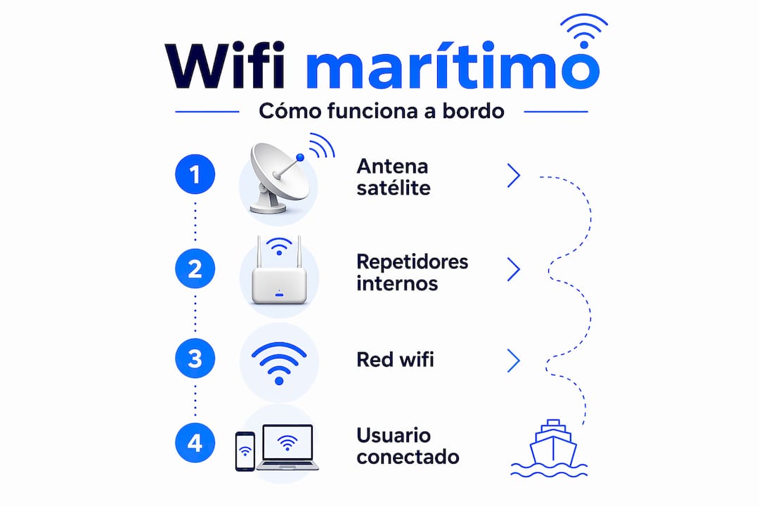 Infografía en formato vertical que explica cómo funciona el wifi a bordo de barcos
