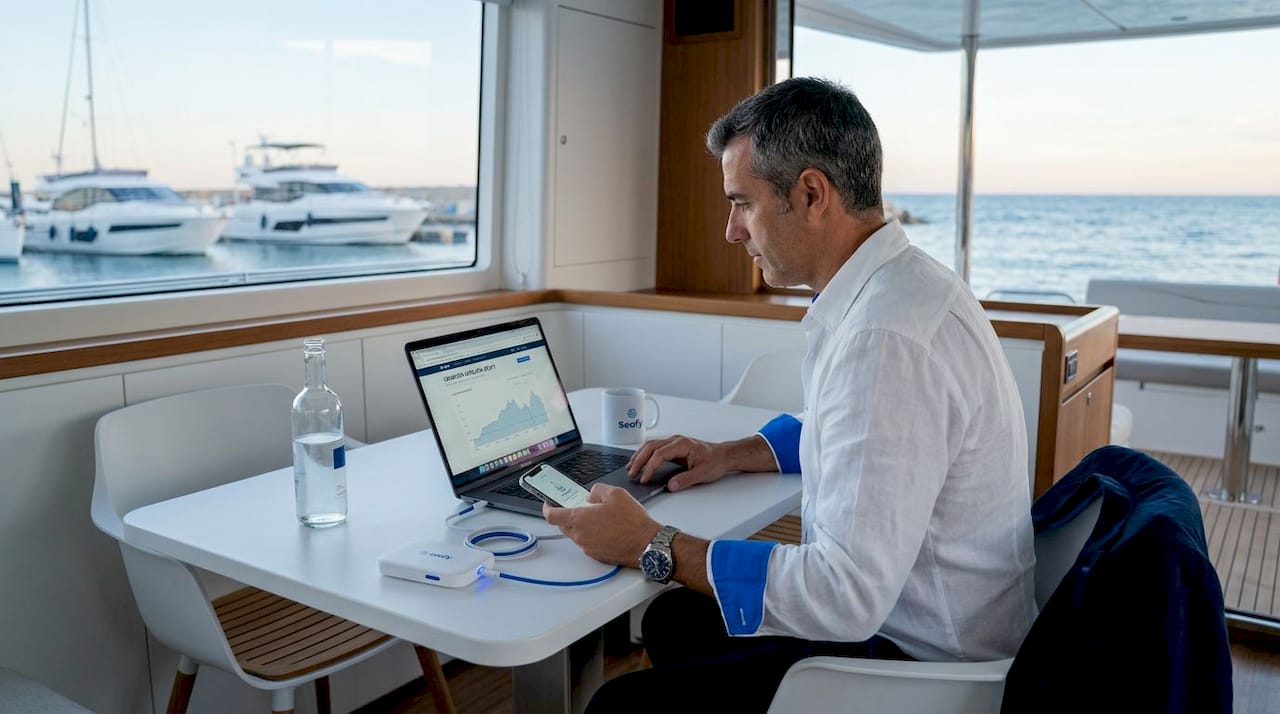 Un hombre comprobando la velocidad del wifi mientras viaja en ferry