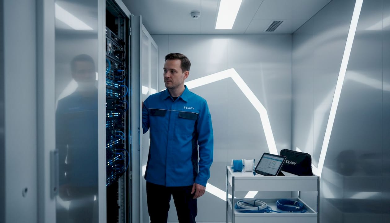 Ein Techniker überprüft an Bord der Fähre den Server für das WLAN.
