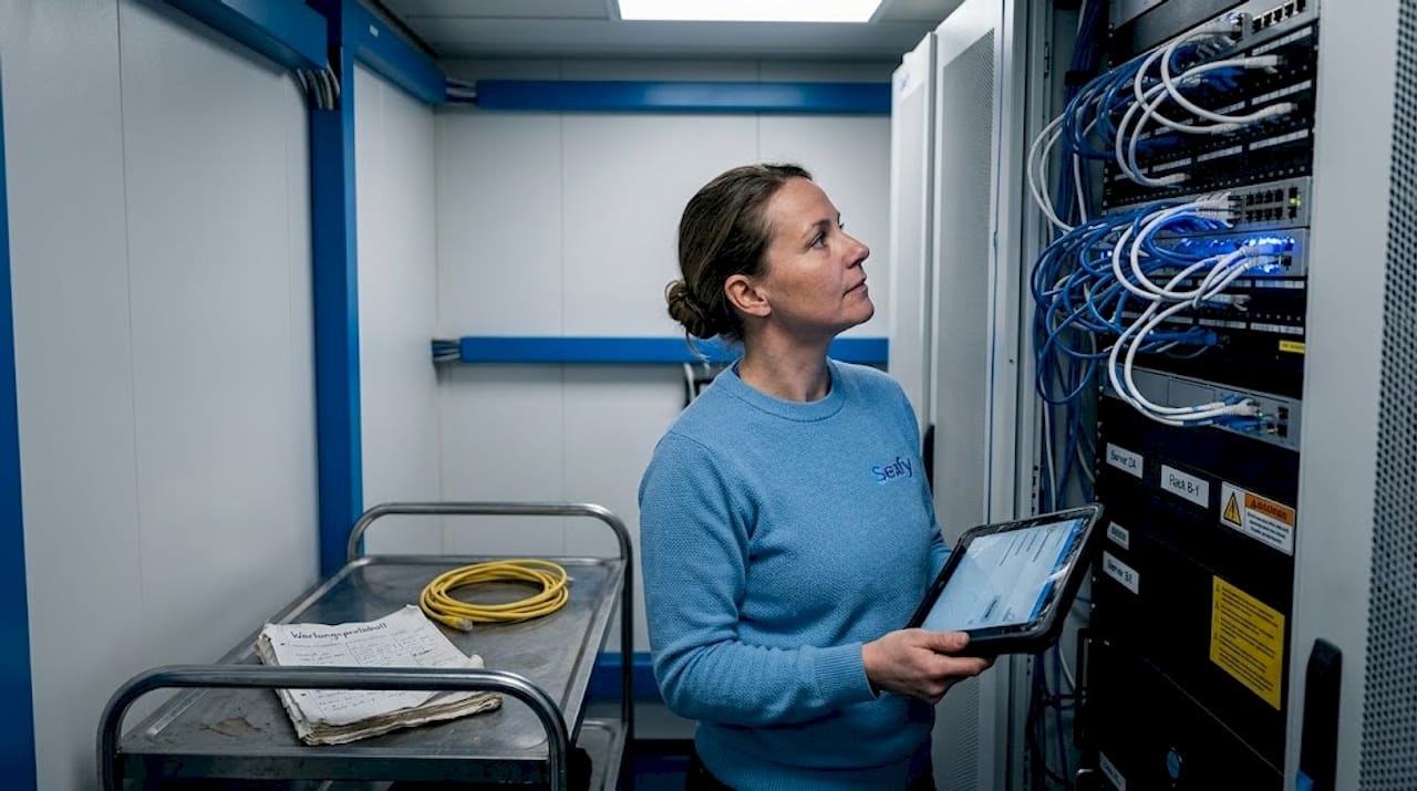 Ein Techniker überwacht die Serveranlagen an Bord des Schiffs.