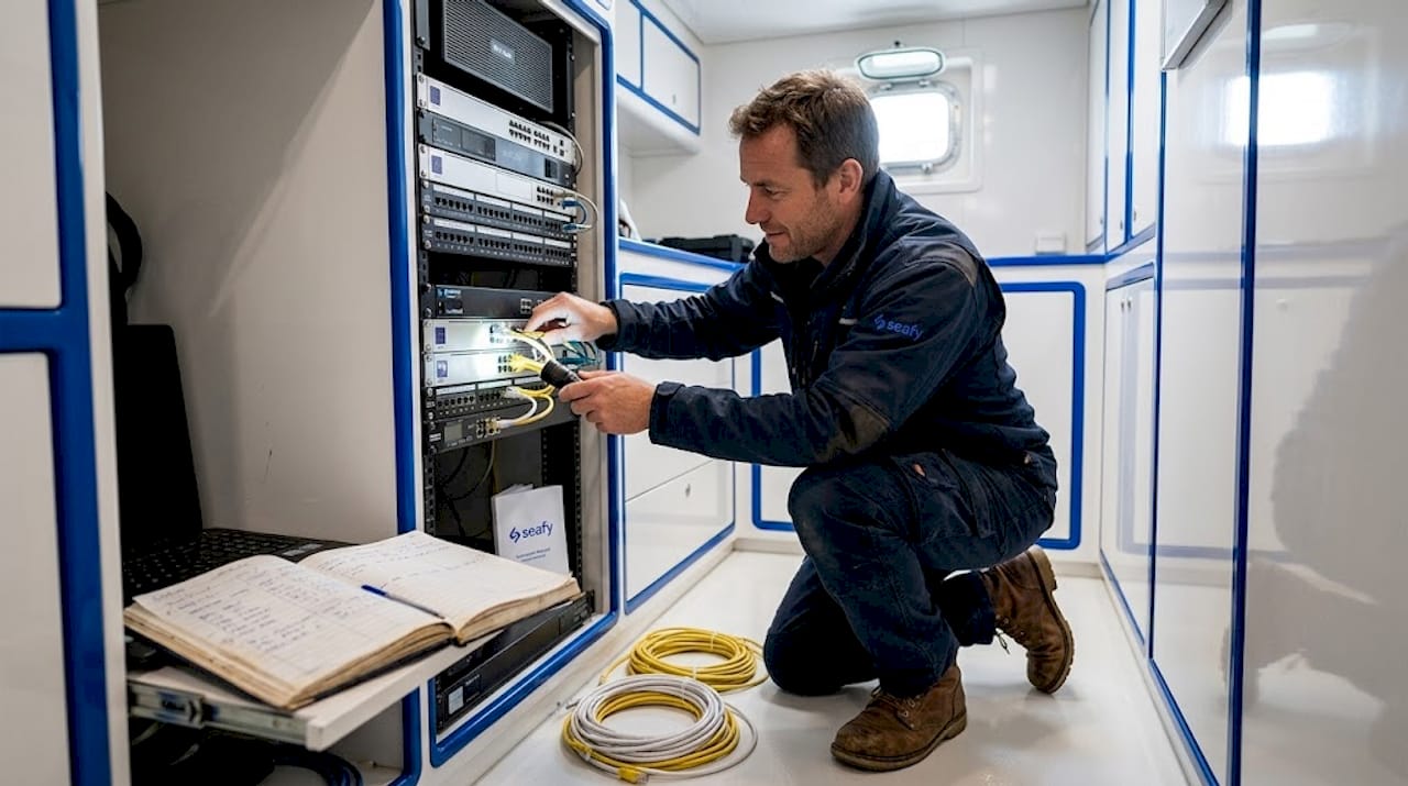 Technician checking ship satellite modem