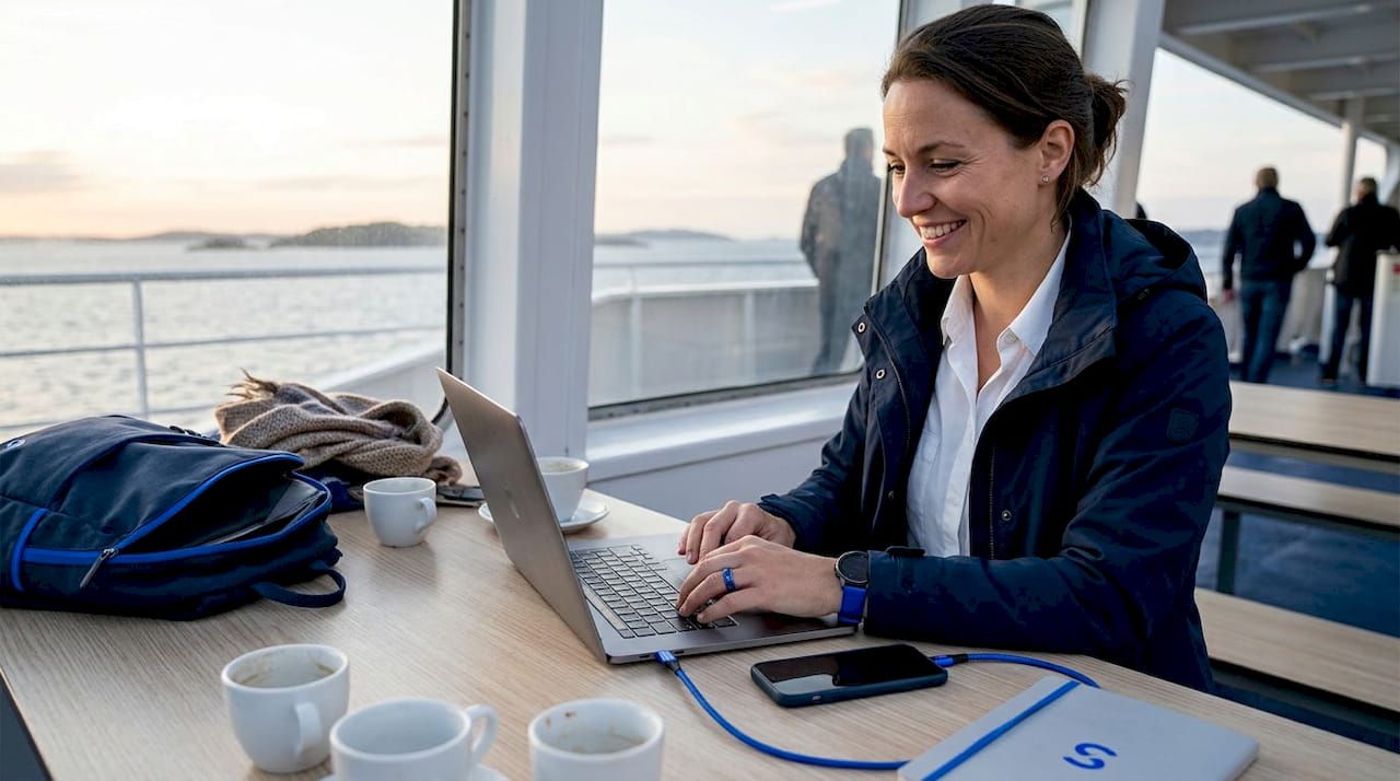 À bord du ferry, une femme configure la connexion Wi-Fi sur son ordinateur portable.