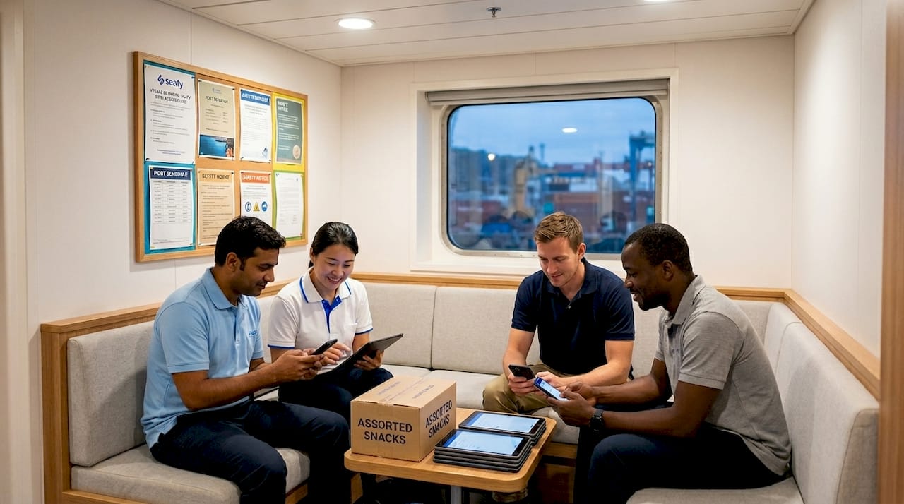 Crew connecting phones in ship lounge