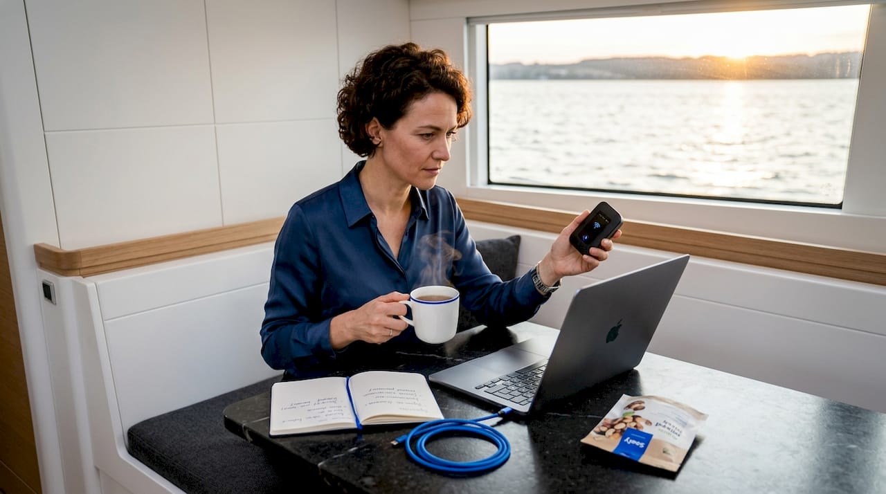 Eine Frau surft mit ihrem Laptop an Bord eines Schiffs im Internet.