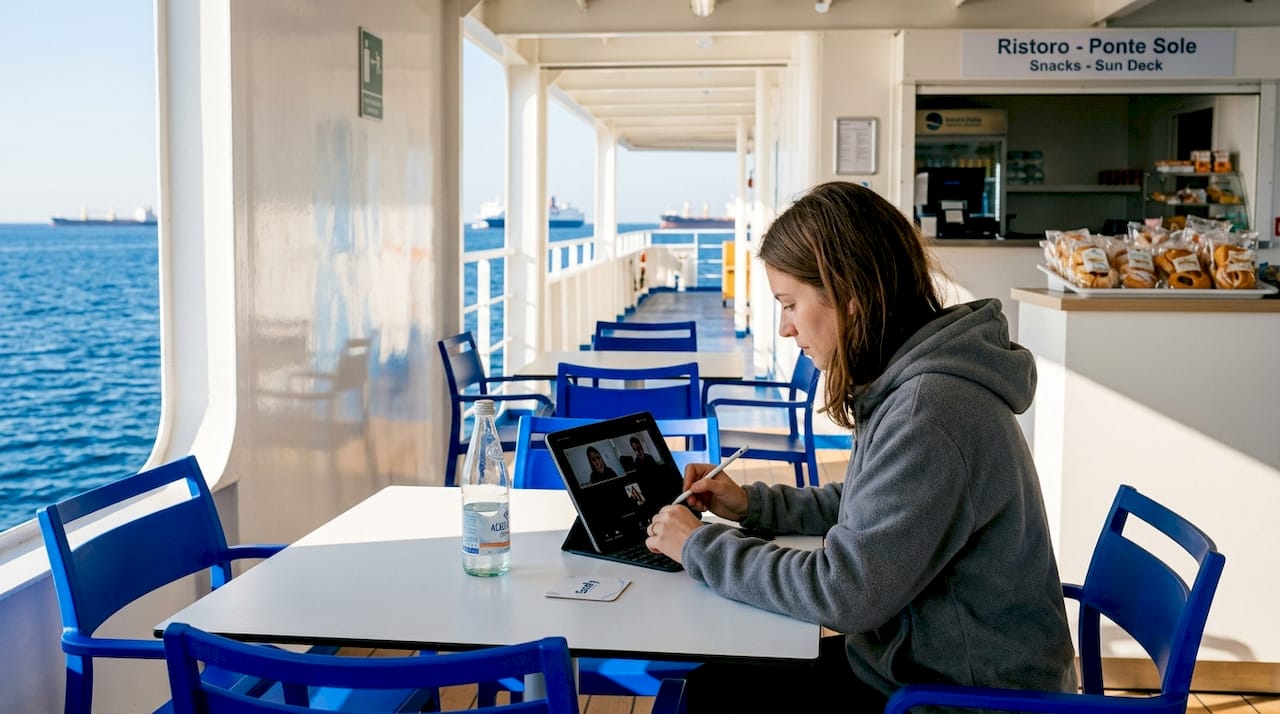 Una donna lavora al tablet a bordo di una nave.