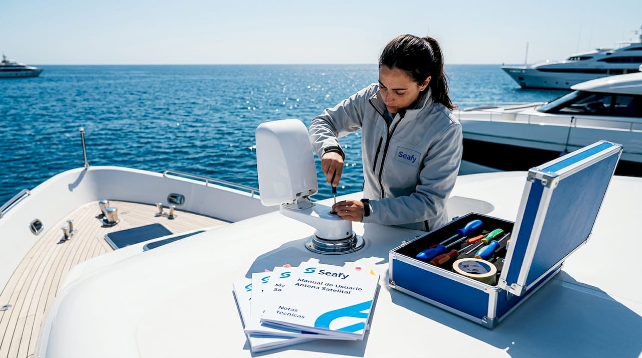 Una ingeniera inspecciona la antena satelital a bordo de un barco.