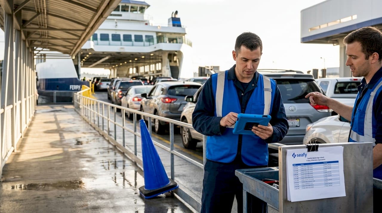 Ferry crew using digital checklist dockside