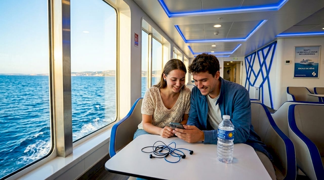 Un couple profite d’une connexion Internet pendant leur traversée en ferry