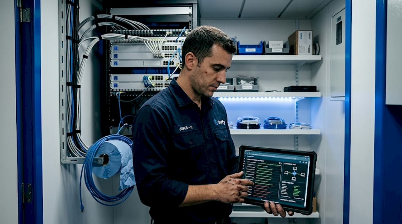 Técnico a bordo revisando los equipos de seguridad informática del barco.