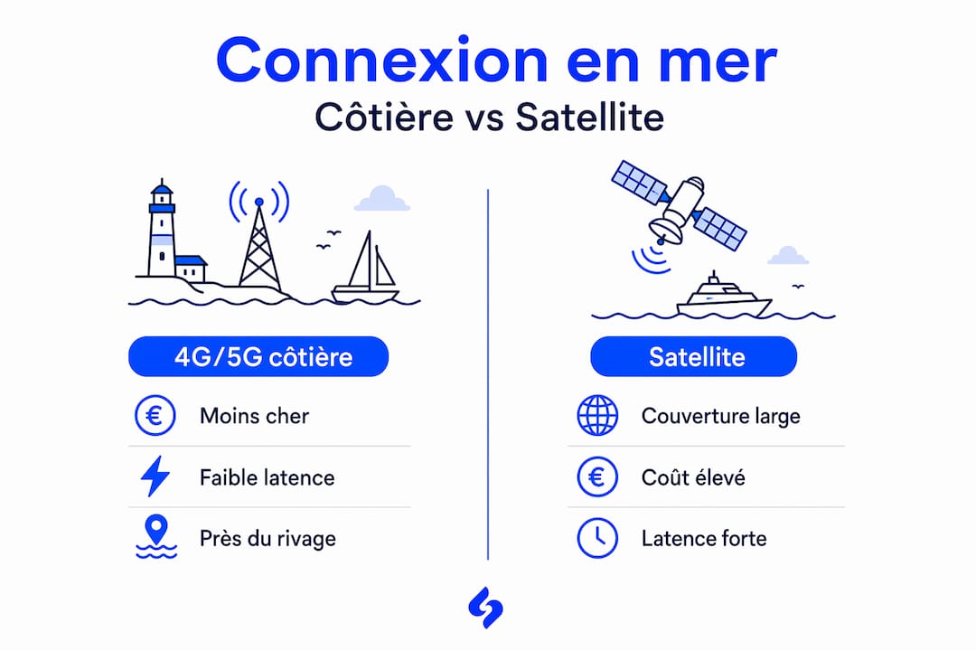 Infographie : comparaison entre les réseaux 4G/5G côtiers et la connexion satellite en mer