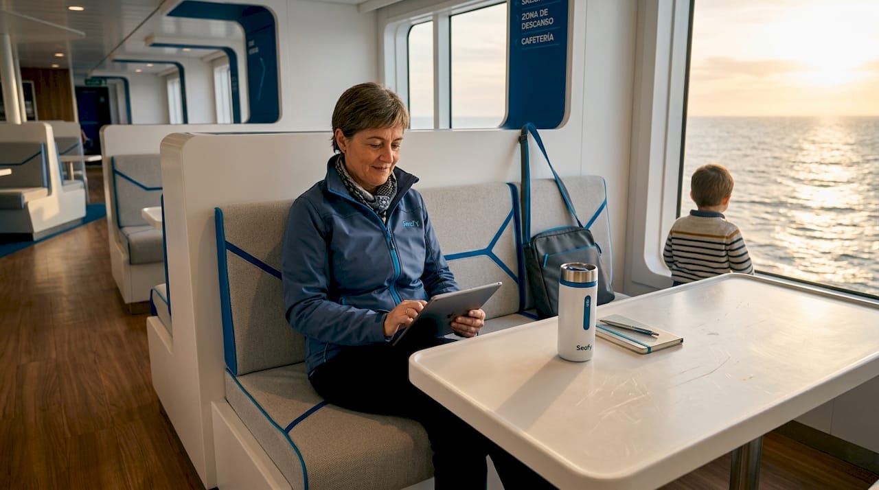 Un pasajero aprovecha el Wi-Fi a bordo mientras realiza su travesía en ferry.