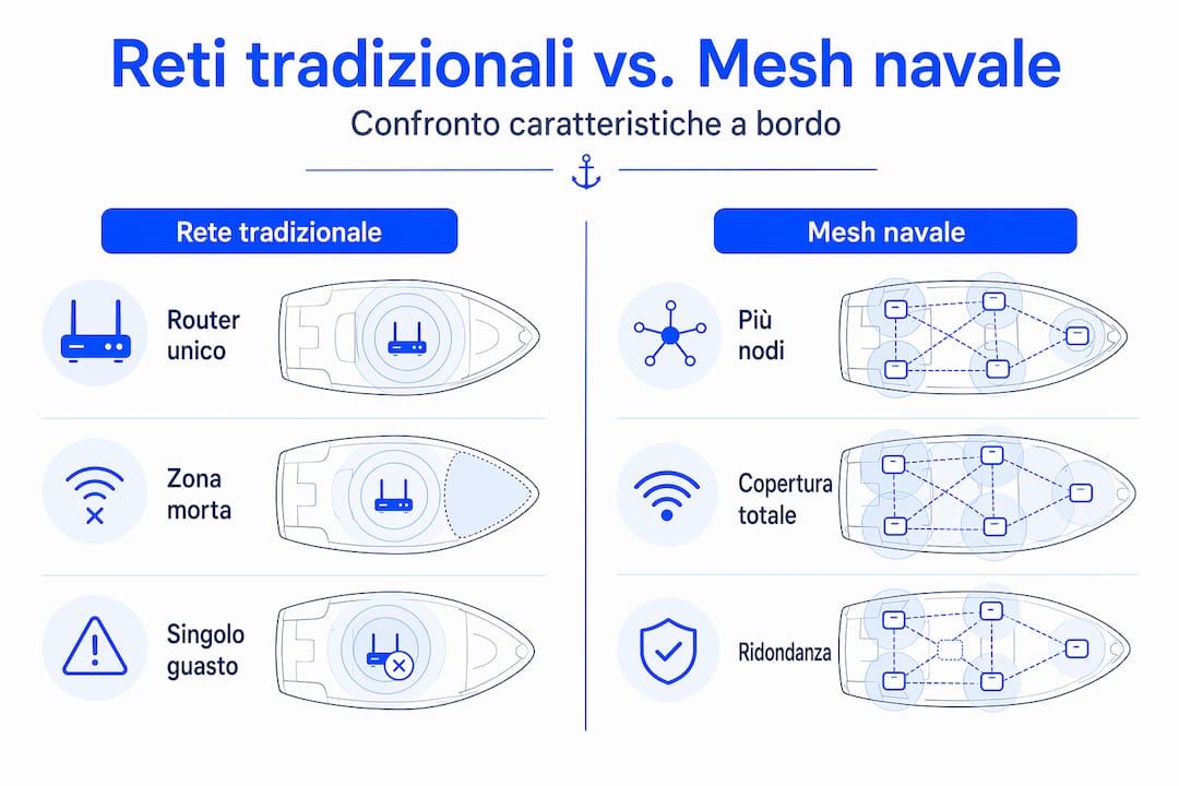 Confronto visivo tra reti navali tradizionali e sistemi mesh: vantaggi a colpo d’occhio