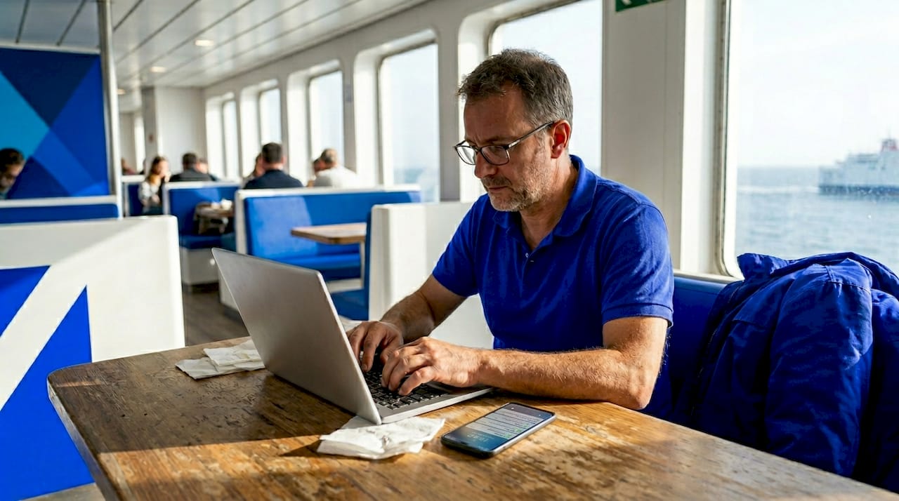 Un uomo lavora da remoto mentre viaggia in traghetto, approfittando della connessione Wi-Fi a bordo.