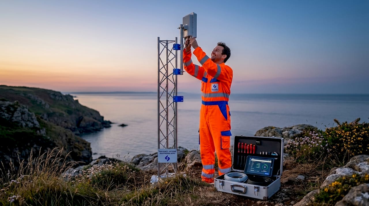 Un technicien procède à l’installation d’une antenne 4G en bord de mer.