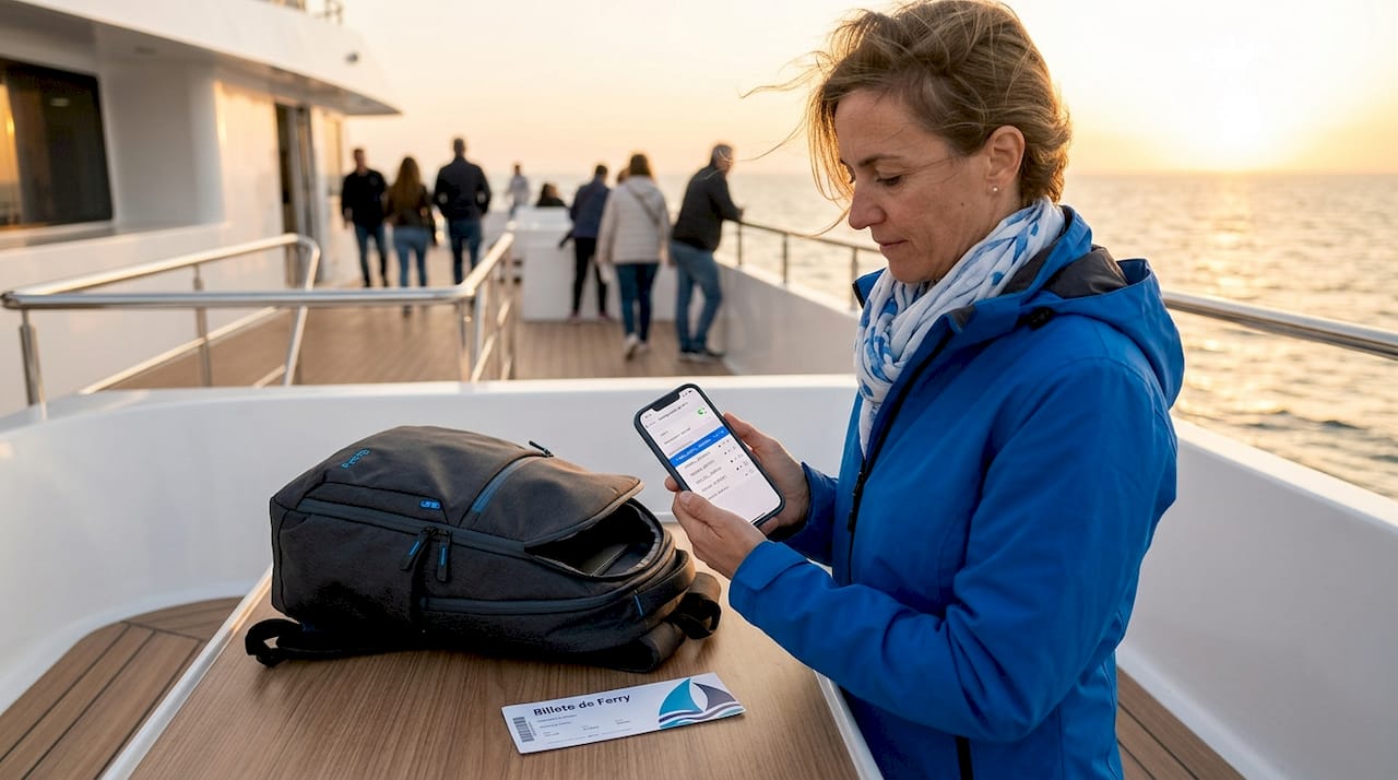 Una persona consulta las redes wifi disponibles mientras viaja en ferry.