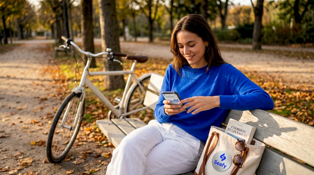 Une femme reçoit une notification sur sa consommation de données alors qu’elle est à l’extérieur.