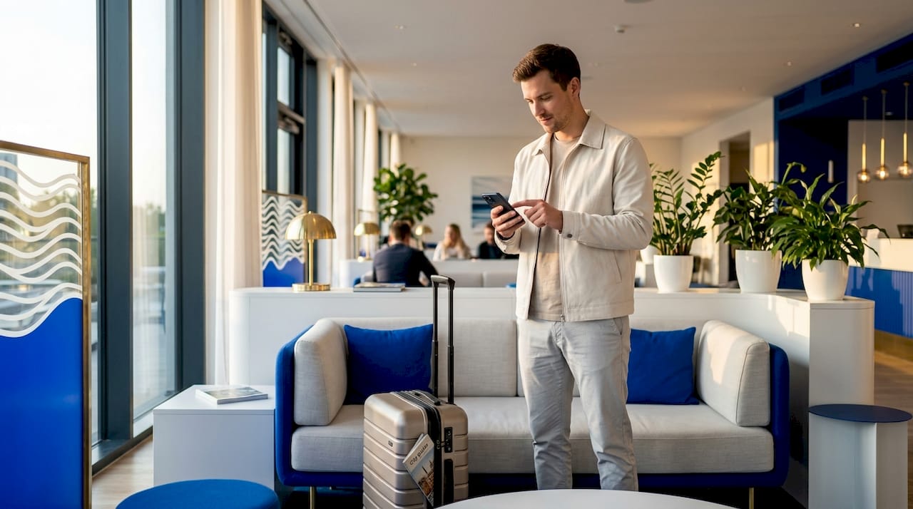 Ein Reisender sitzt entspannt in der Hotellounge und aktualisiert die Sicherheitseinstellungen auf seinem Smartphone.