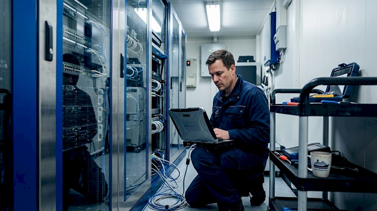 Ein Techniker überprüft den Netzwerkserver für das WLAN an Bord.