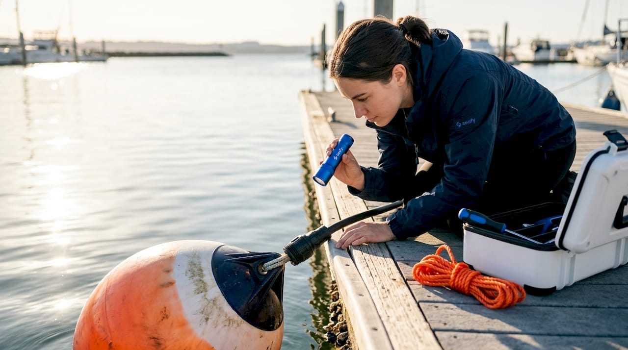 Woman inspecting marine cable entry point