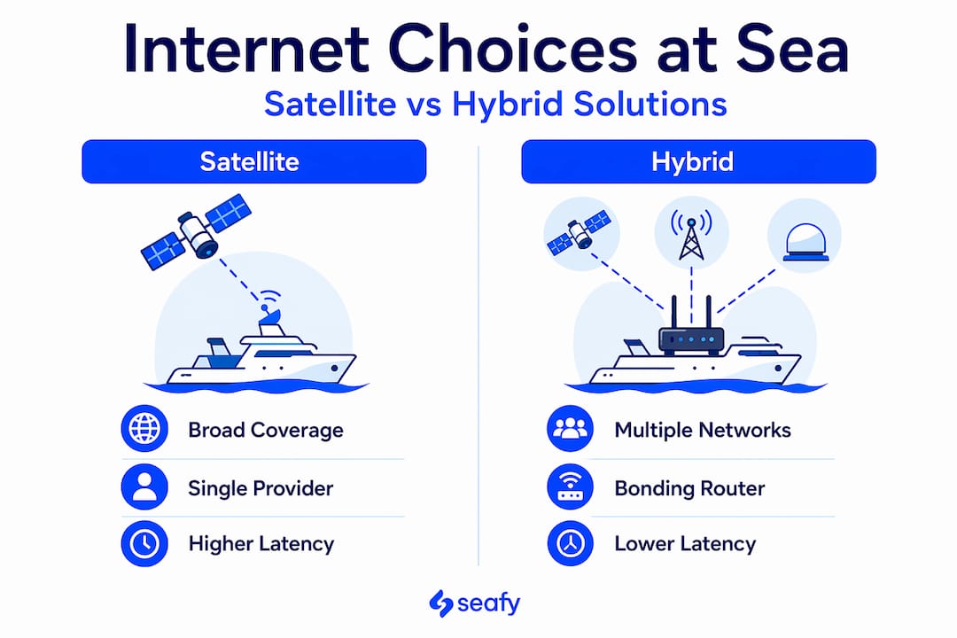Infographic comparing satellite vs hybrid maritime internet