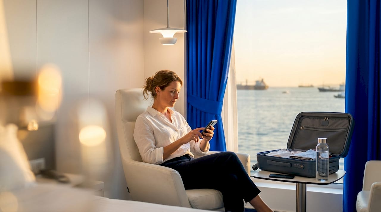 Una donna approfitta della connessione Wi-Fi della nave nelle ore più tranquille, quando la maggior parte degli ospiti è assente e la rete è più veloce.