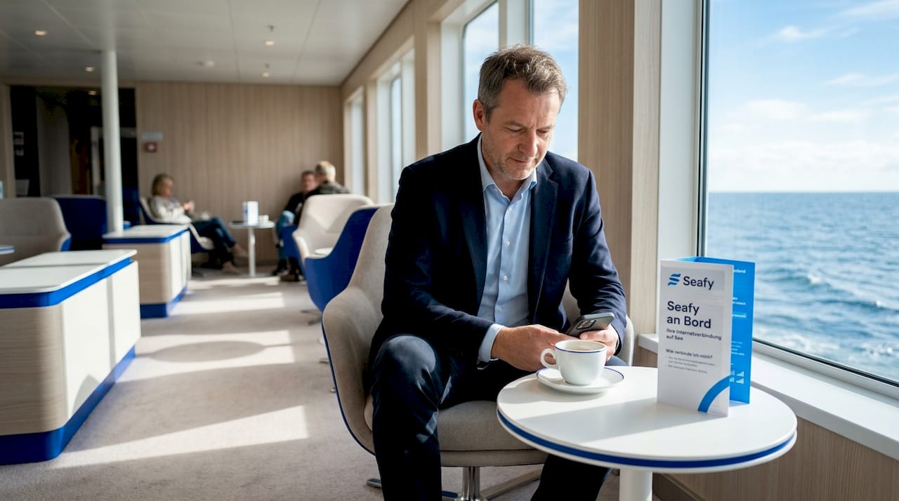 Mitten auf dem Meer versucht ein Fahrgast verzweifelt, auf der Fähre WLAN zu finden.