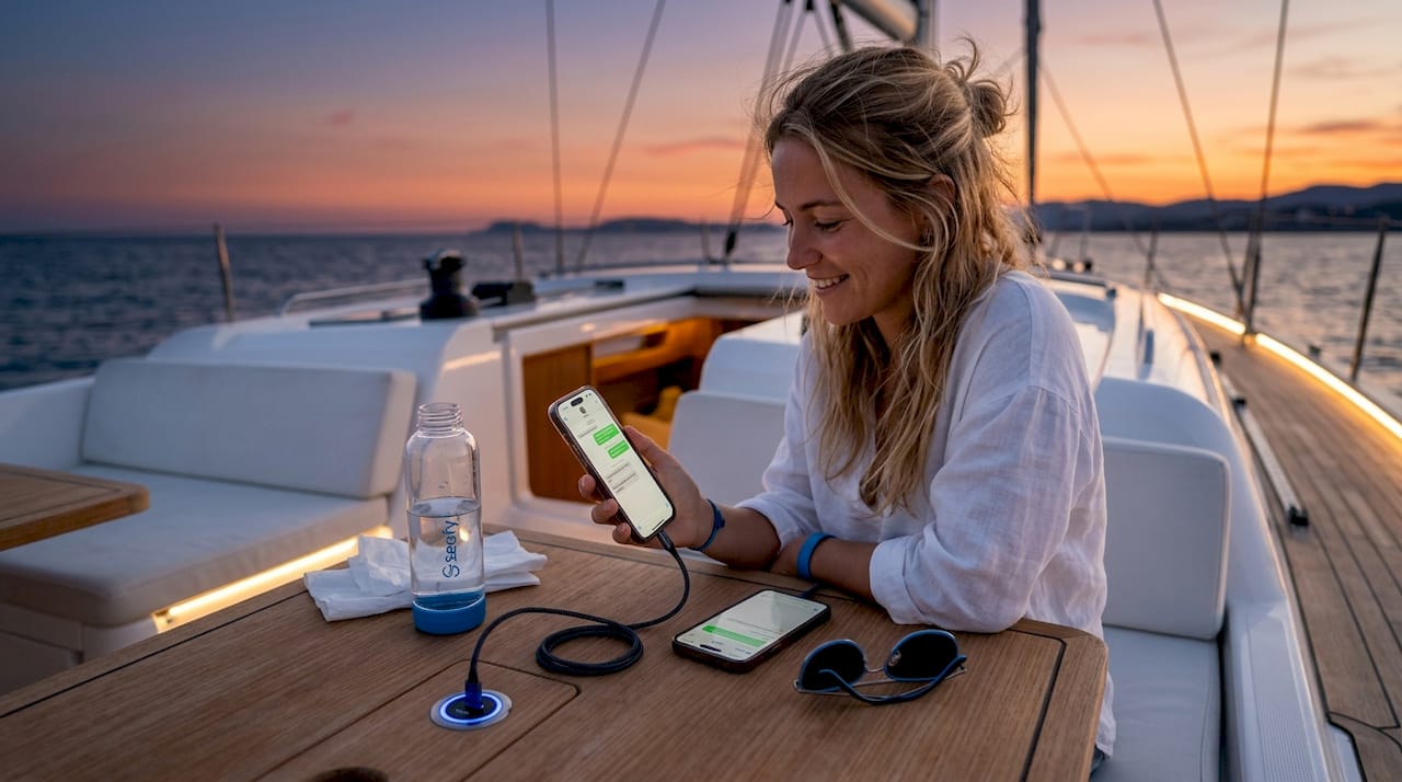 Un joven consulta su smartphone mientras navega por el portal digital de un crucero.
