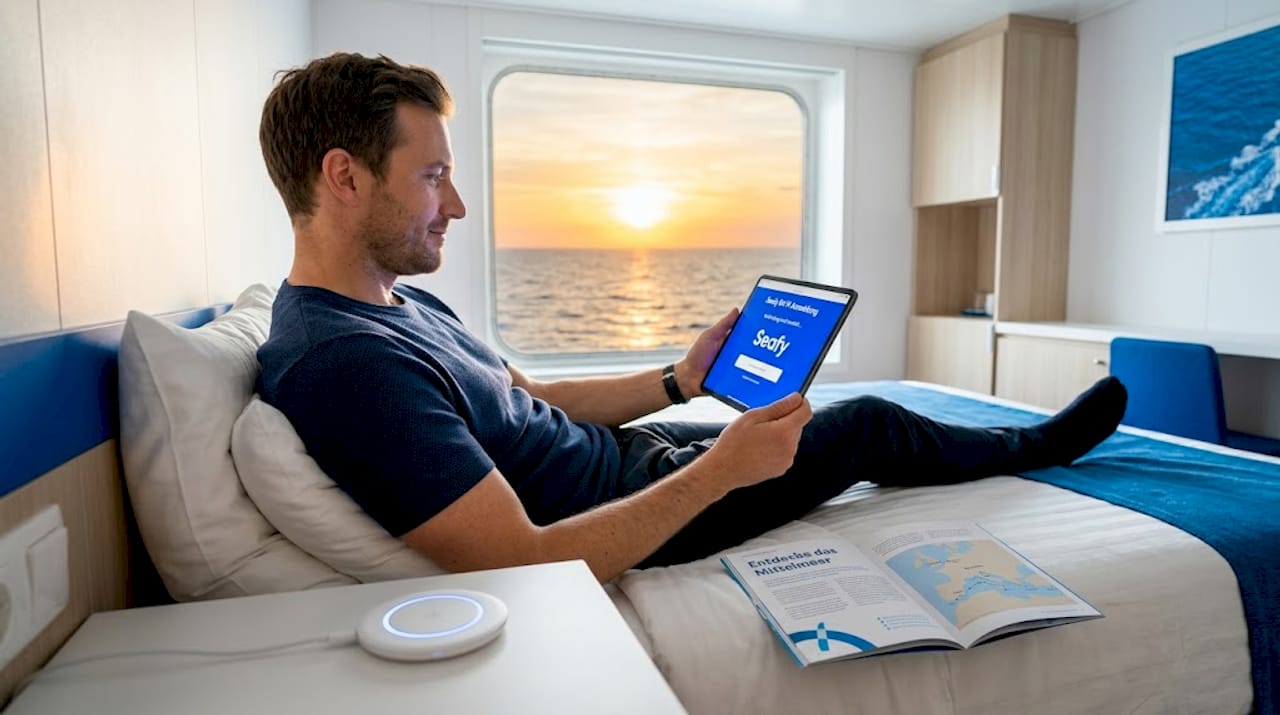 Ein Mann surft mit seinem Tablet per WLAN in seiner Kabine auf dem Kreuzfahrtschiff.