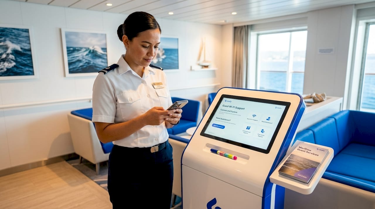 Crew member checking phone near ship wifi kiosk