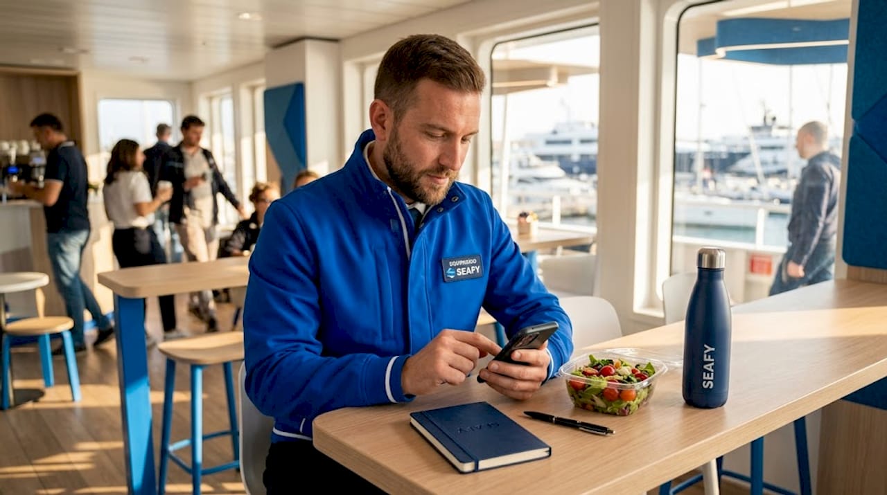 Un membro dell’equipaggio che si collega a Internet tramite Wi-Fi satellitare a bordo della nave.